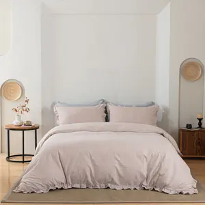 French Ruffled Duvet Cover Set - Soft Washed Cotton Aesthetic Bedding with Ruffle Trim, Cottagecore Shabby Chic Quilt Cover with Pillow Shams (Queen/King)