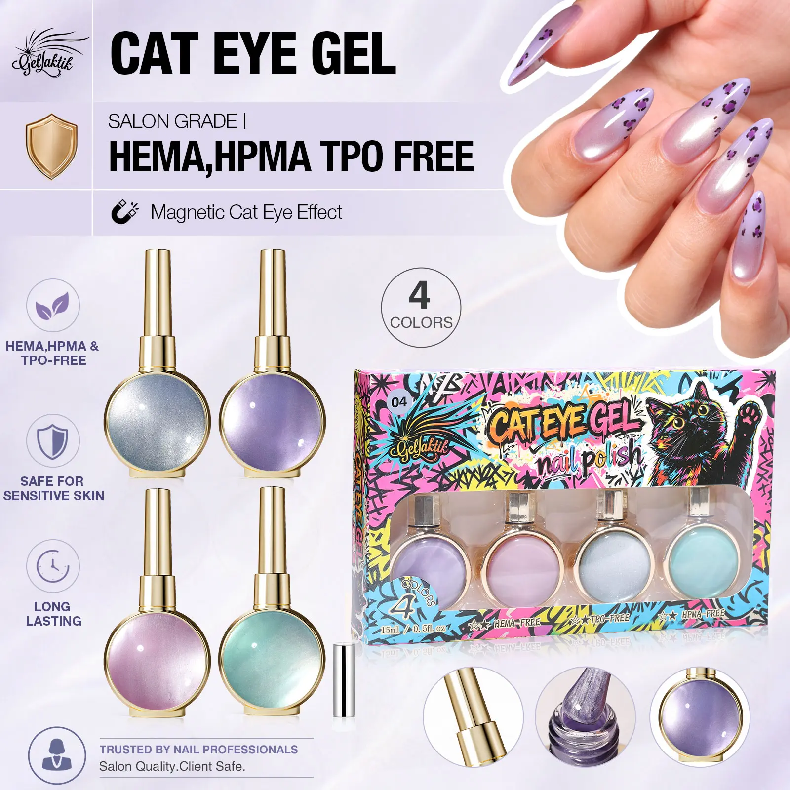 GELLAKTIK 4-Piece Cat Eye Magnetic Gel Nail Polish Set, 15ml Summer Glitter Edition, Soak Off UV/LED Cure Nail Art Kit for Women, liquid gel nails