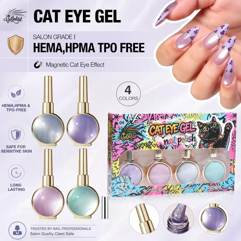 GELLAKTIK Cat Eye Gel Nail Polish Set, Fall Winter Nail Gel with Magnet, Glitter Gel Magnetic Glass Effect Soak Off UV Manicure Gift for Women