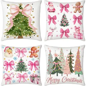4-Piece Set 18x18-inch Playful Pillowcases Pink Bow Pillowcases Watercolor Aesthetic Bedroom & Living Room Decor (Christmas Style)