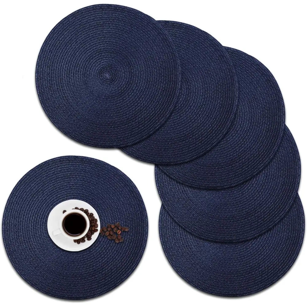 Nautical Blue Round Placemats Set of 6 - Crossweave, Heat-Resistant Woven Tableware, 13.5 in Diameter, Stylish for Indoor Kitchen Tables