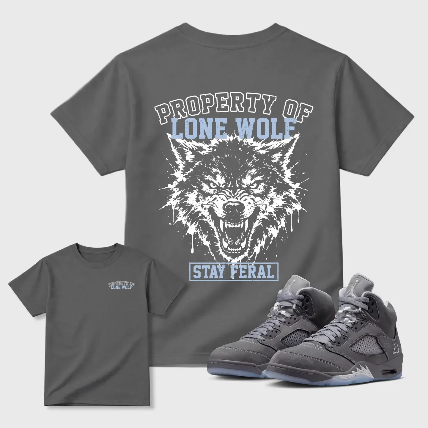 Property of Lone Wolf AJ5 Match Shirt, Wolf Grey Sneakerhead Graphic Tee, Gildan 5000 Heavy Cotton