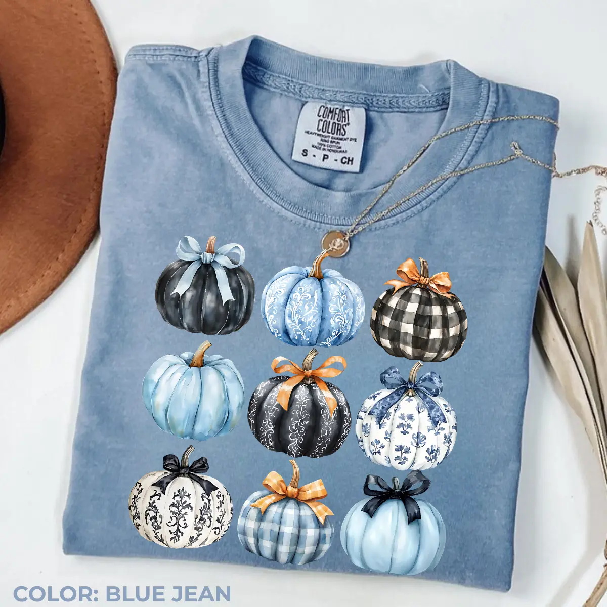 Comfort Colors® Blue Bow Pumpkin T-Shirt, Coquette Pumpkin Graphic Tee, Vintage Fall Shirt, Cute Autumn Bow Apparel, Cozy Seasonal Gift