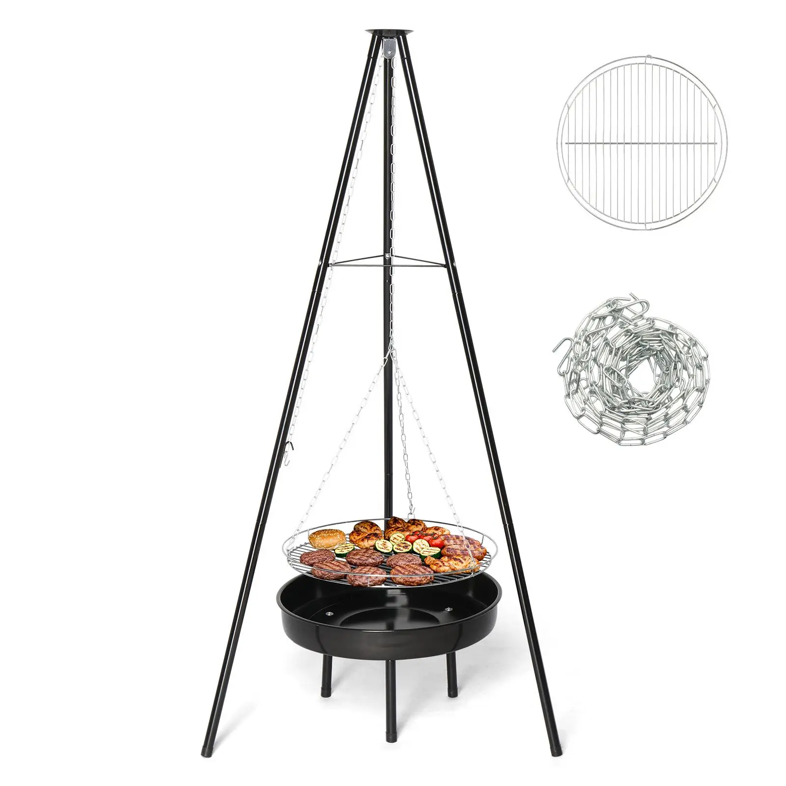 Campfire Tripod Grill, Adjustable Height BBQ Grill Grate with Fire Bowl for Outdoor Camping BBQ, Black Summervibes