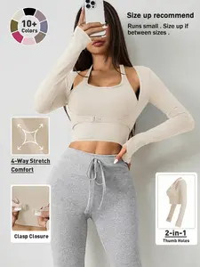 Women's Halter Crop Tank Top & Thumb Hole Sports Tee Set, Sleeveless Top & Buckle Front Sports Top Set, Gym Yoga Exercise Clothing Set for Women