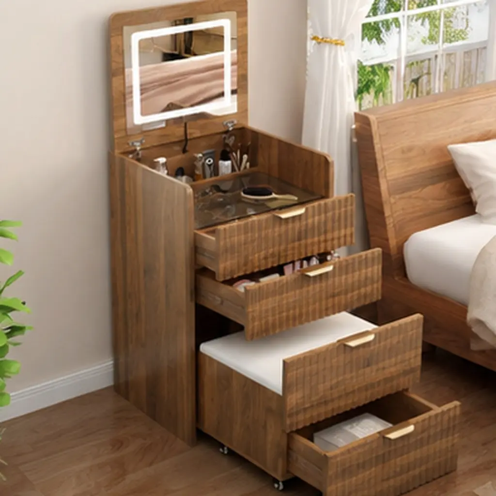 3-in-1 Vanity Desk Set with Flip-Top Mirror, Lights, Charging Station, 3 Drawers, Rolling Stool, Compact Makeup Dressing Table, Walnut MDF, Mid-Century Modern, Bedroom, Dressing Room, Small Space, Walnut Color Options, MDF+glass Material