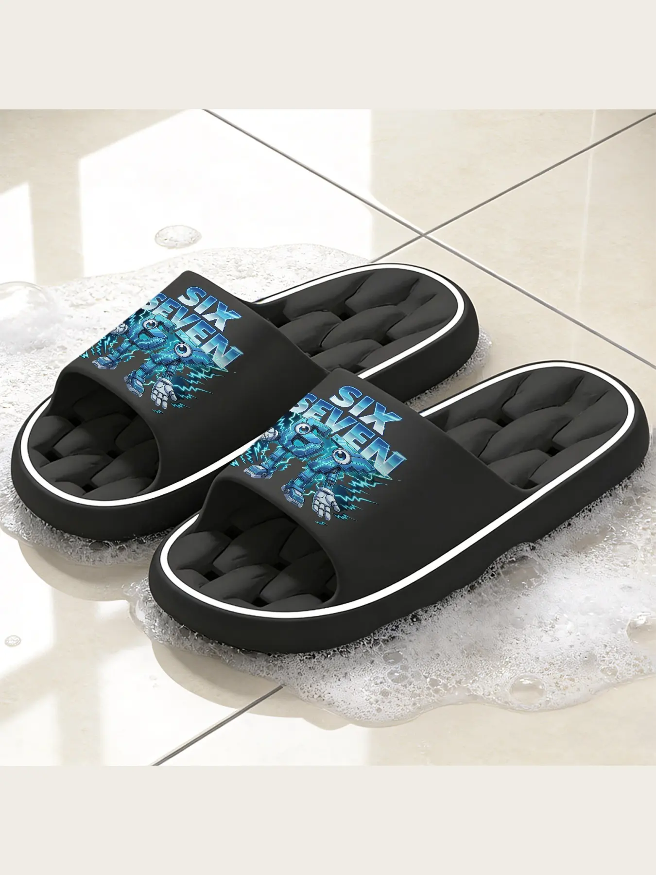 Six Seven Novelty Slippers, Fun Robotic Blue Number Character Print Soft Non-Slip House Slippers, Cozy Indoor Outdoor Lightweight Slip On Slippers For All Seasons, Breathable Casual Home Footwear For Men Women Teens, Comfortable W