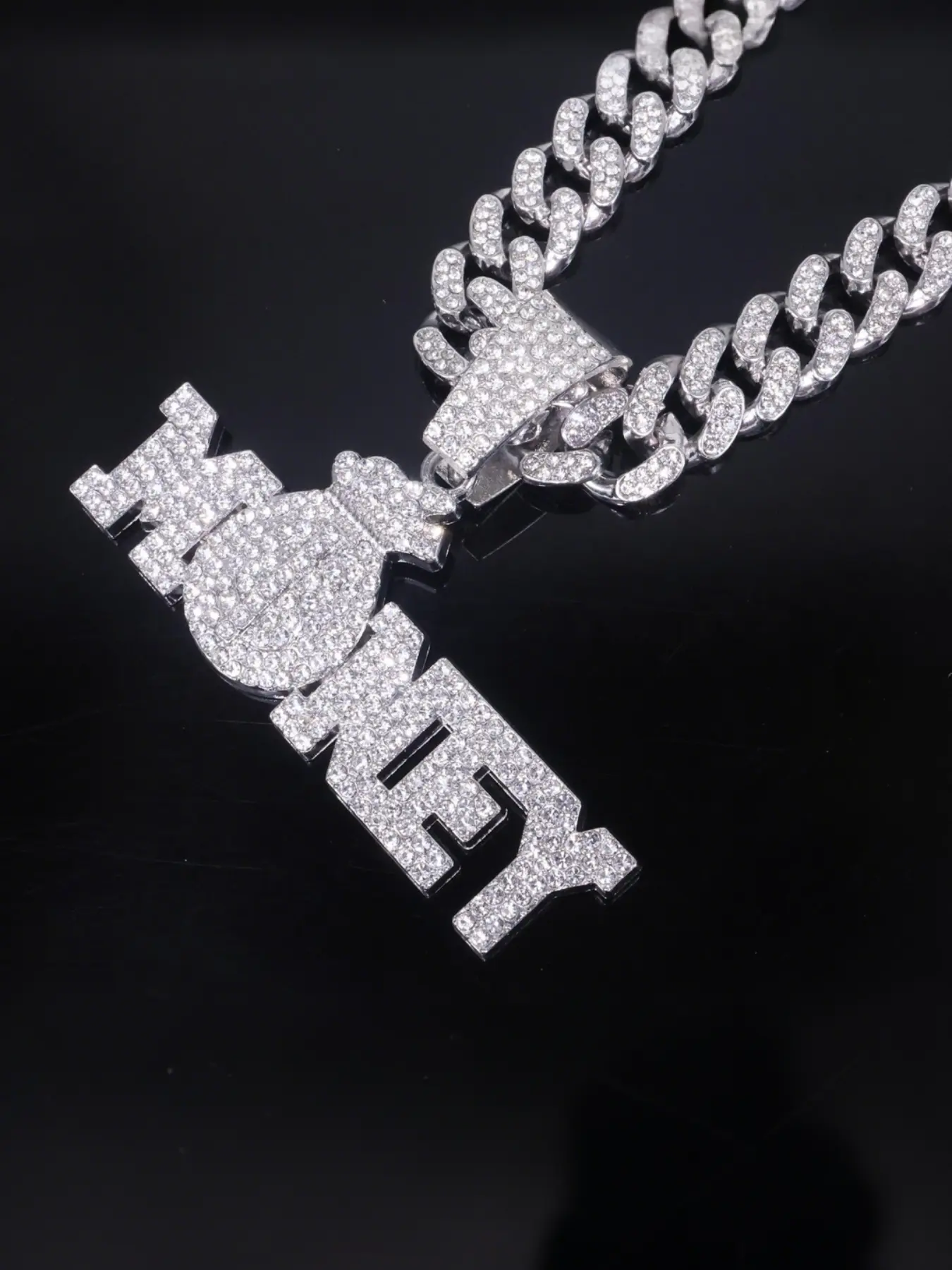 Hiphop Style Money Bag Pendant Necklace with Cubic Zirconia, Sparkling Zirconia, Alloy Chain Cuban Link, Streetwear Trendy Artisan Jewelry, Wealth Theme Gift for Rappers