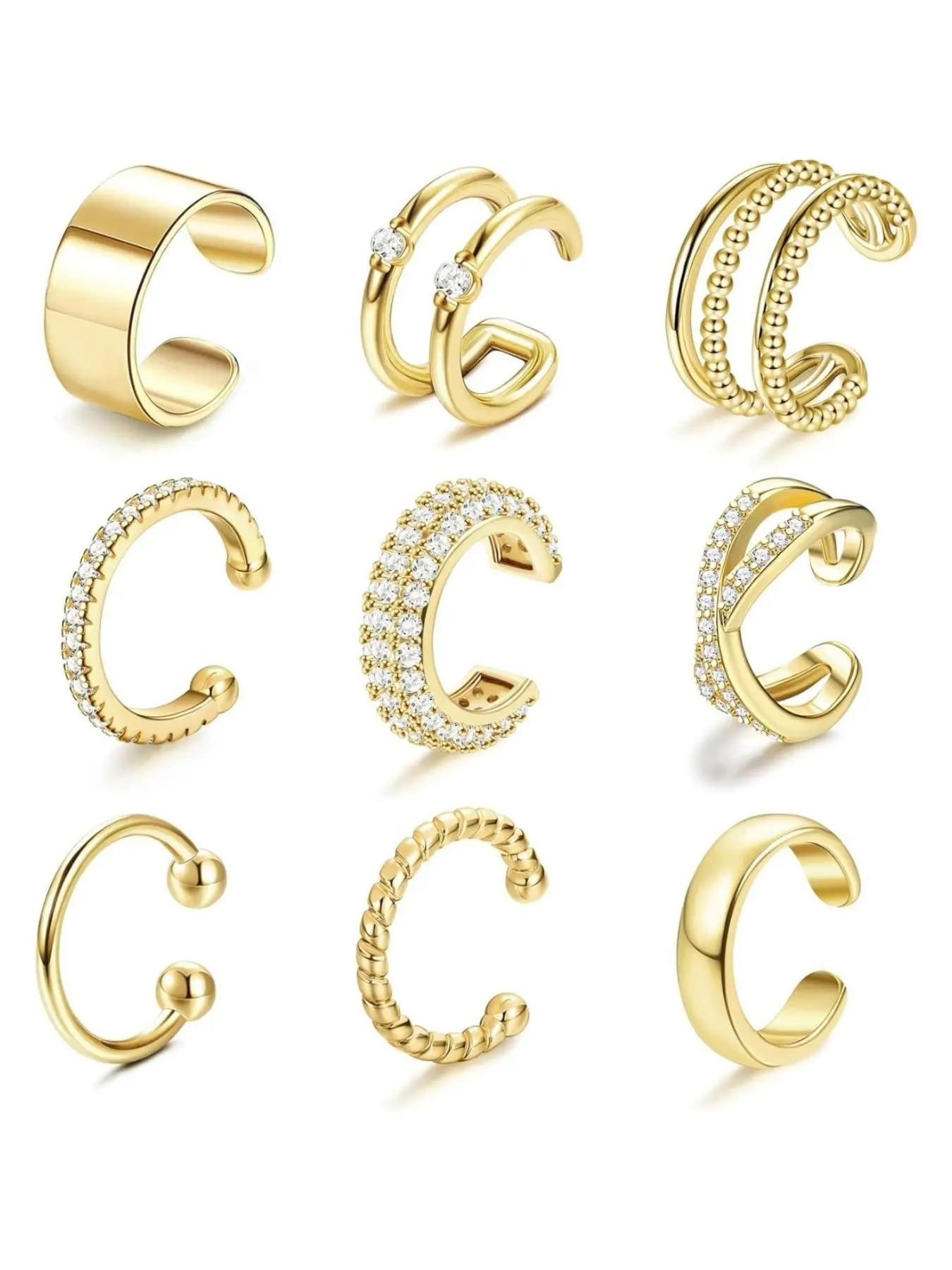 9 Pcs Ear Cuffs Clip Earrings Set for Women Men 14K Gold Plated Cubic Zirconia Ear Clips Non Pierced Cartilage Ear Cuff Trendy Lightweight Versatile Earrings Jewelry Set
