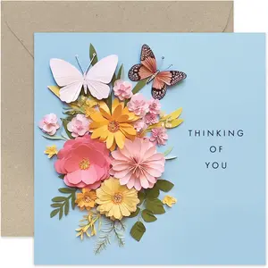 Old English Co. Thinking You Card for Her  Blue Flower Butterfly Sympathy Card  Thoughtful Condolences, Sorry, Get Well Soon, Feel Better Card |   Not 3D Card