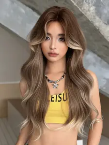 26 Inch Brown Long Body Curly Wigs for Fashion Women Highlight White Curtain Bangs Middle Part Synthetic Wavy Wig Fashion High Natural Layered Wigs Synthetic Fiber For Women Fashion Daily School Use Stylist Friendly Wig
