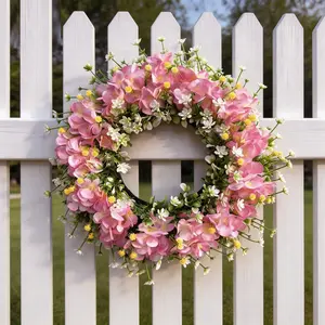 1pc pink hydrangea and orchid wreath, Hanging flowers, Mother's Day gift for women, birthday wreath, summer decoration wreath, graduation party wreath, wedding decoration, home, outdoor, door, window, living room decoration wreath