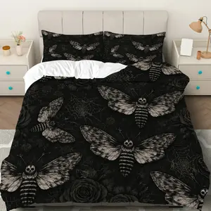 3PCS Duvet Cover Set, 1 Duvet+2 Pillowcases(Without filler), Gothic Moth Skull Floral Web Dark theme, Halloween bedding set, Unique Design Elegant Suitable for decoration bedroom hotel guest room dormitory, Decorative Duvet Cover, Bed Sets