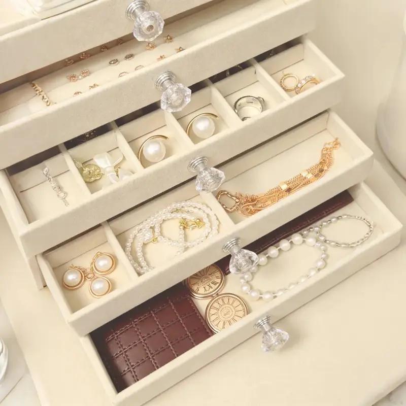 5 Drawer Acrylic Jewelry Organizer Box Clear Velvet Lined Storage Case with Removable Dividers Tangle Free for Earrings Necklaces Rings Bracelets Vanity Display Box for Women with Cleaning Cloth