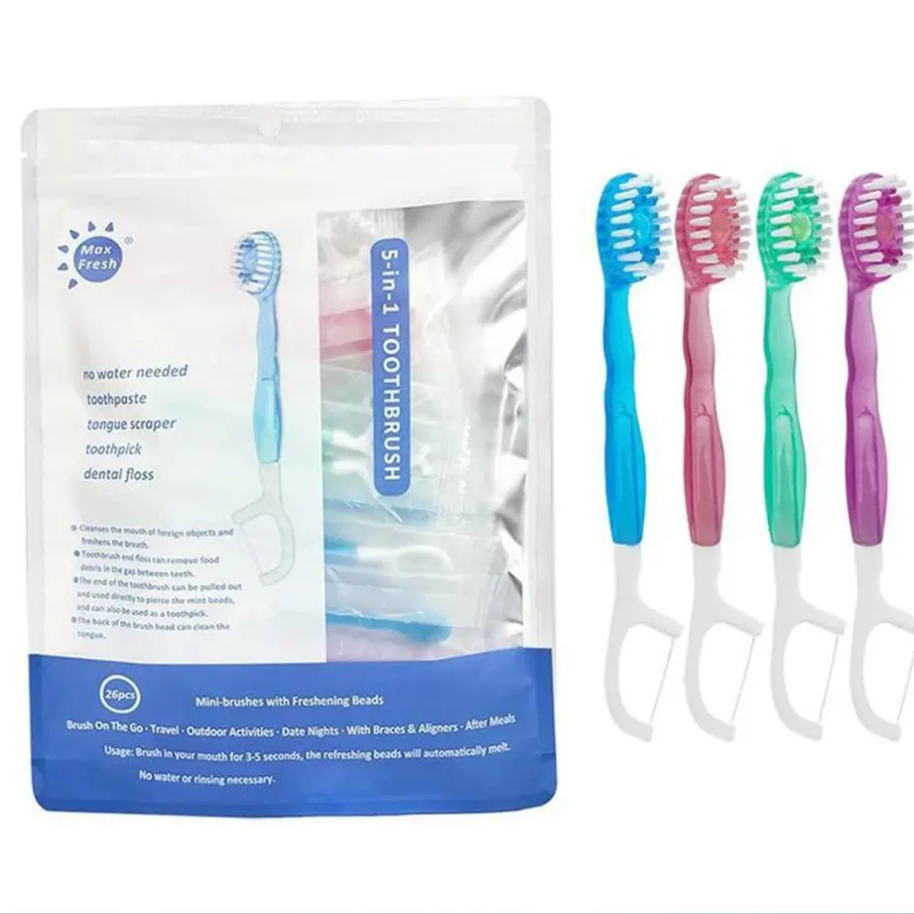 5-in-1 Mini Travel Soft-Bristle Toothbrush Set - Single Item 26-Piece Oral Hygiene Kit with Floss, Tongue Scraper, Toothpicks, Interdental Brush, Citrus Scent for Fresh Breath, Individually Wrapped Disposable for Business Trips & On-the-Go Oral Cleaning,