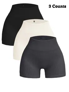 Women's Solid Color High Waist Ribbed Sports Shorts, High Stretch Comfortable Breathable Quick Drying Skinny Shorts for Yoga Gym Workout Running, Gym Exercise Activewear, Ribbed Biker Short