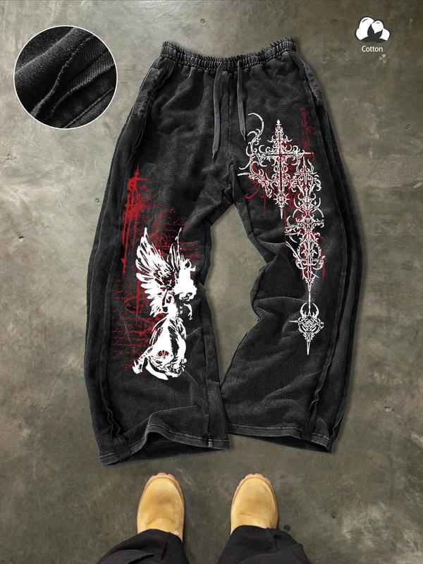 Unisex Gothic Street Style Wide Leg Pants, Dark Angel Cross Graphic Casual Long Pants, Pure Cotton Fitted Bottoms for All Seasons