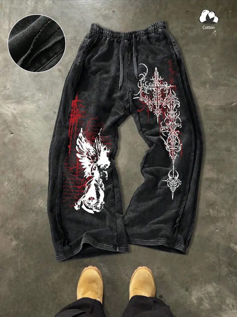 Unisex Gothic Street Style Wide Leg Pants, Dark Angel Cross Graphic Casual Long Pants, Pure Cotton Fitted Bottoms for All Seasons