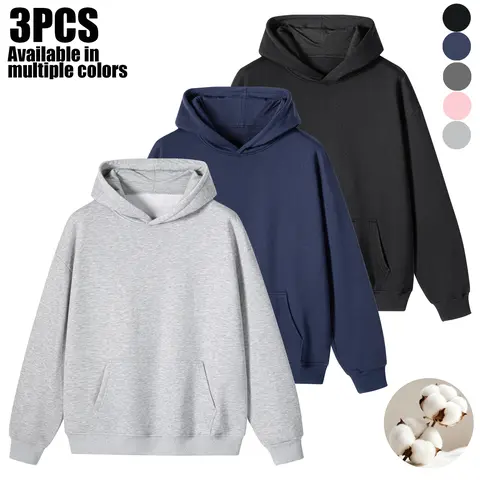 Men’s 1/2/3-piece hoodie set, solid-color cotton pullover long-sleeve fleece sweatshirt, regular fit casual sportswear, minimalist basic top