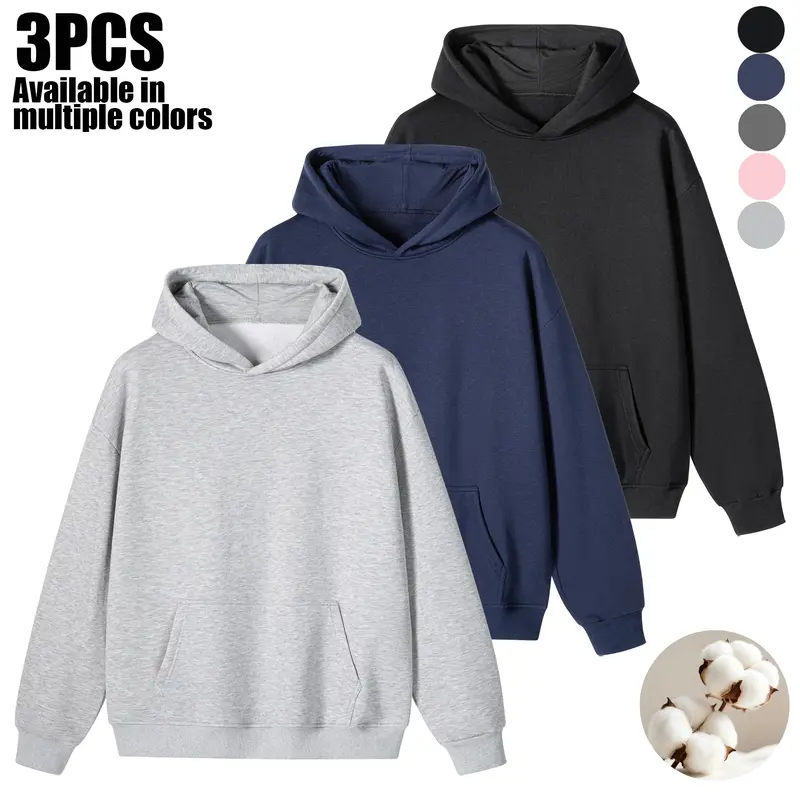 Men’s 1/2/3-piece hoodie set, solid-color cotton pullover long-sleeve fleece sweatshirt, regular fit casual sportswear, minimalist basic top