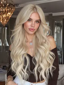 Topshe Long Wavy Wig with Front Lace Parting, Breathable Silk Fiber, Natural Hairline, Perfect for All Seasons & Festivals, Lace Closure Wig