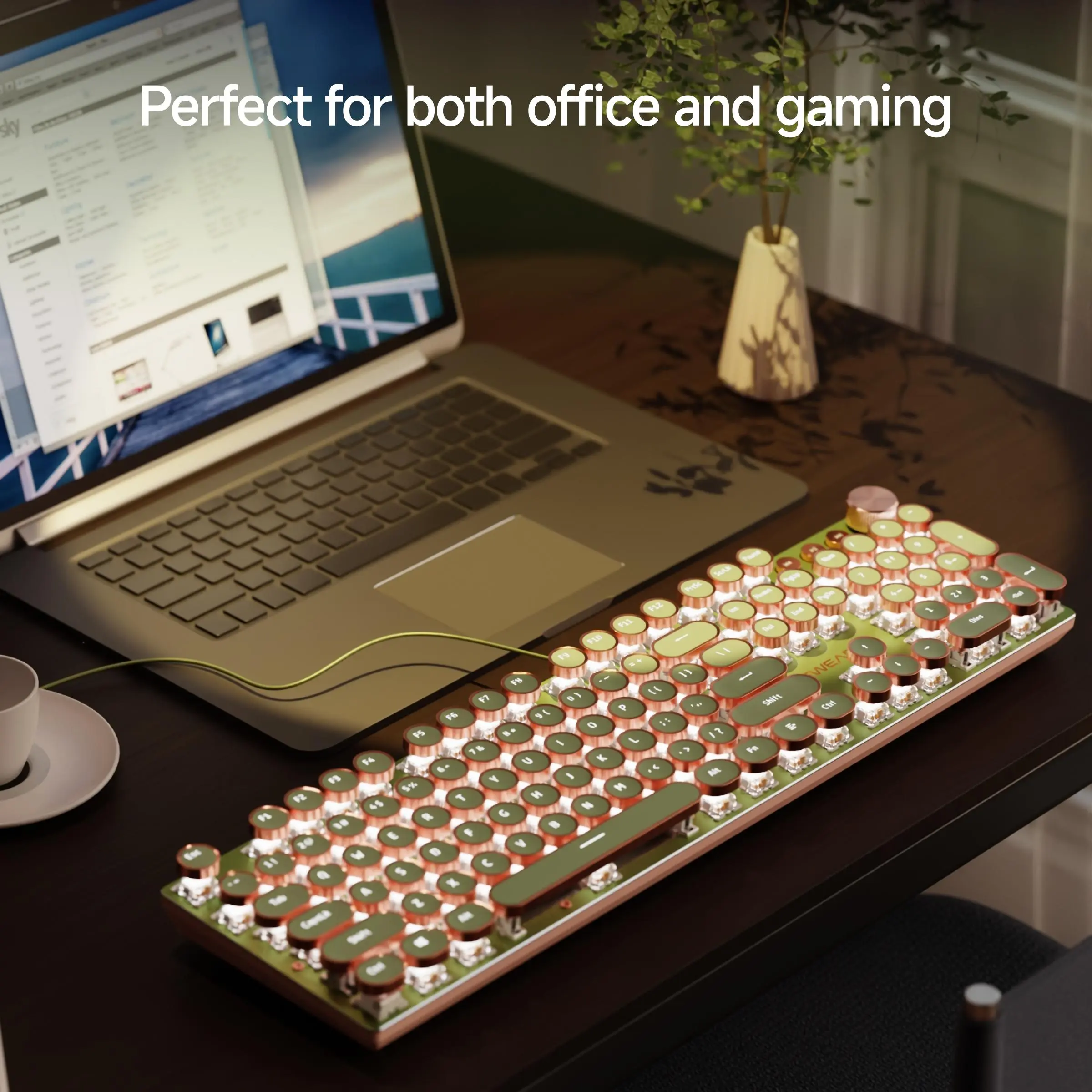 EWEADN V20 Punk Typewriter Mechanical Gaming Keyboard, All-metal Panel 104-Keys Wired Punk Keyboard with White Backlit, Multimedia Knob Keyboard for Game & Office, Light Up Keyboard