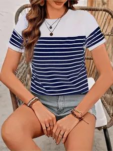 Women's crew-neck short-sleeve T-shirt with a classic white-and-red striped print, offering a casual and stylish look perfect for daily wear and commuting to work