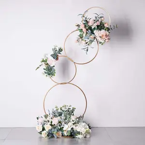 4-Tiered Gold Hoop Pillar Flower Stand, Metal Wedding Arch Table Centerpiece - Hoop Wreath 5ft