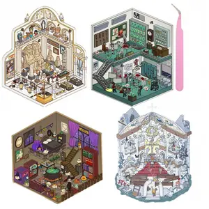 4Sets DIY 3D House Scene Stickers with Tweezer, Terror Hospital, Mysterious Sacrifice, Pharaoh's Curse, Magic Room Stacking Miniature for Adult Stress Relief, 3D Miniature Stickers, Creative Craft Kit