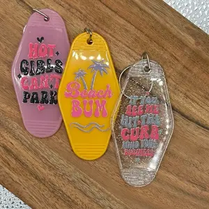 CUSTOM MOTEL Keychains - Beach Theme Designs, Available in Pink, Yellow & Clear with "HOT, HOT, CARS, CART PARK, Beach Bum" Text