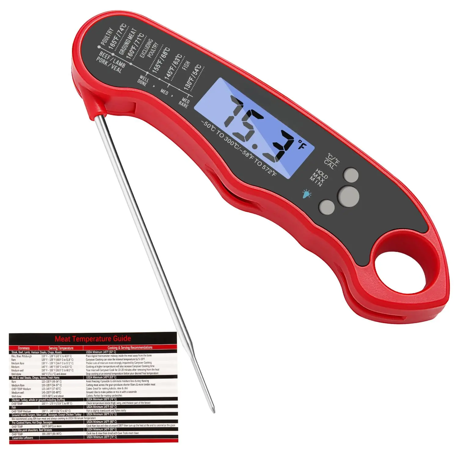 Meat Thermometer Digital for Cooking .  &  Read for Kitchen Baking, BBQ. with Foldable Probe, Backlight & Calibration (Red)