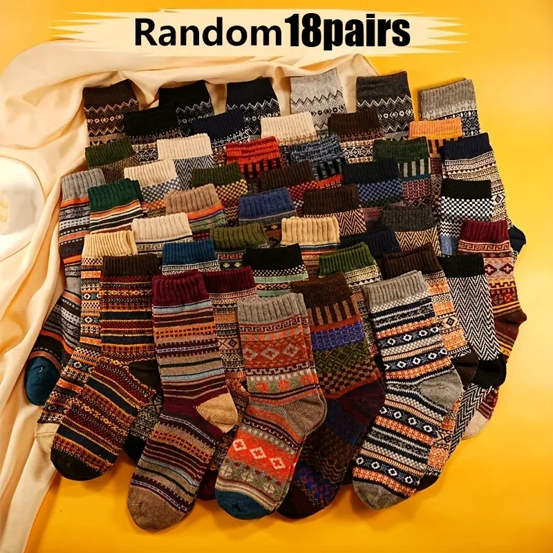 Women's Ethnic Geometric Patchwork Print Socks - Thick Warm Mid-Knit, 9/18 Pair Set, 18 Pairs Mixed Random, No One-Size Issue, Autumn Winter Floor Socks