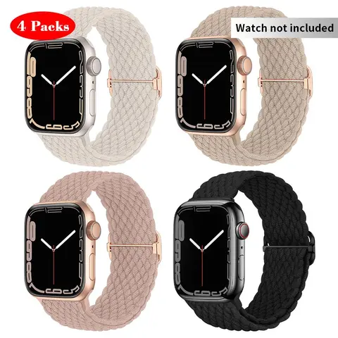 Solo Loop Stretchy Watch Band for iWatch (Band Only), Smartwatch Accessories, 4 Counts/set Elastic Nylon Woven Watch Bands for Men Women, Sport Watch Band for Apple Watch Series 9 8 7 6 5 4 3 2 1 SE Ultra Ultra 2