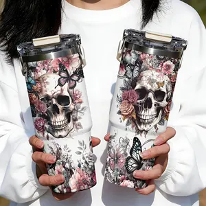 Gothic Skull Floral Pattern 30oz Outdoor Water Cup, 304 Stainless Steel Travel Mug, Reusable for Hot and Cold Drinks, Perfect for Holidays