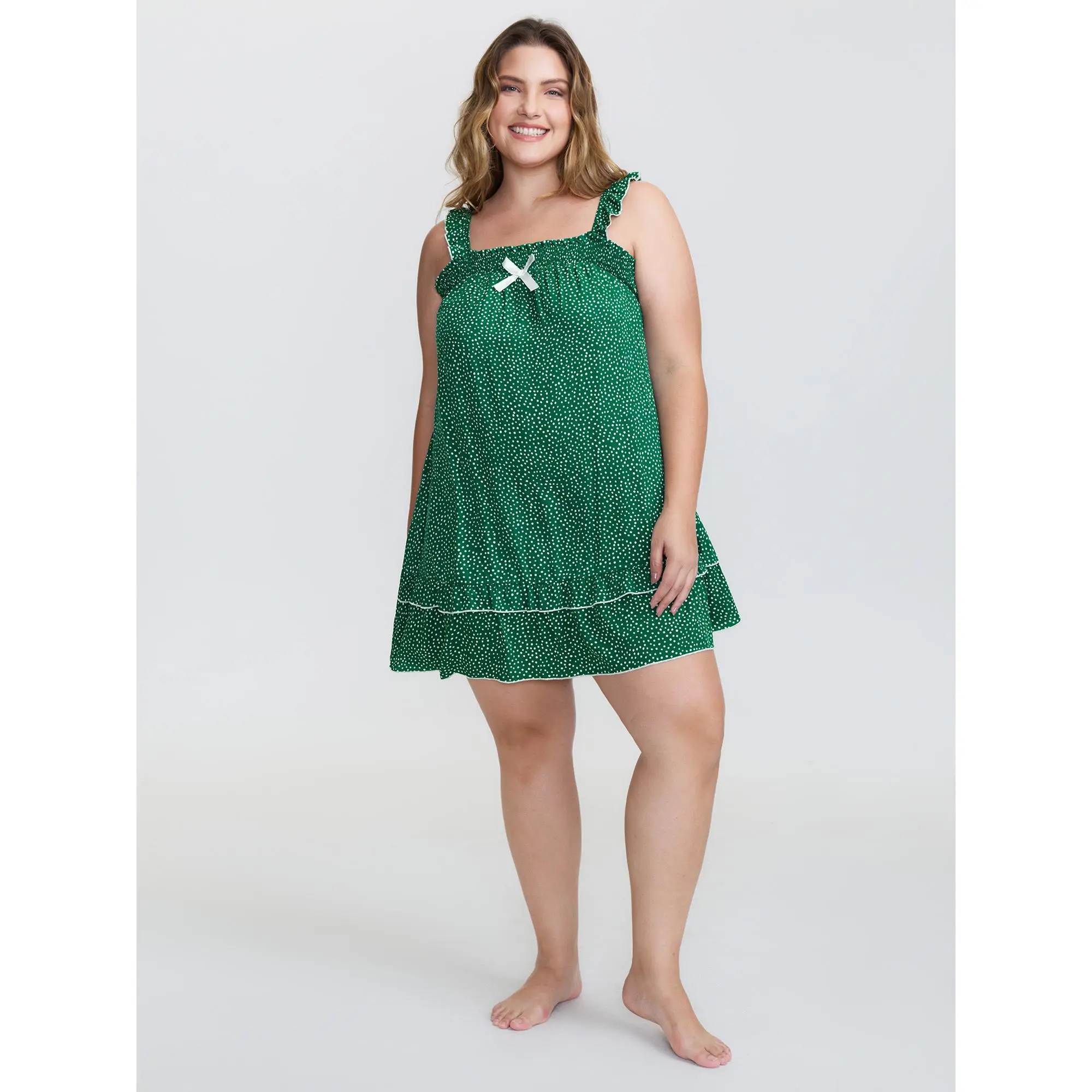 Women's Casual Polka Dot Wrap Mini Nightdress - 100% Rayon Smooth Fabric, Sleeveless, Ruffled Straps, Shirred Bowknot, Perfect Fit Summer Sleepwear, Garment, Casual Wear, Nightwear, Loungewear, Regular Fit, Ruffle Detail, Playful Look