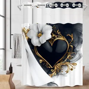 1PC 2D Flat Heart-Shaped Floral Pattern Double-Layer Woven Shower Curtain (No Hooks), Decorative Shower Curtain, Transparent Top Window, Removable liner with snap-on lining, Home Bathroom Partition Art Decoration, Bathroom Decor, Holiday Decoration