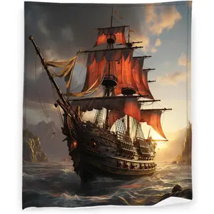 Nautical Throw Blanket - Super Soft Microfiber Flannel, Lightweight, 40"x50" Multi-Size, Ocean Pirate Ship Vintage Sailboat Design, Indoor Use Bedding Gift