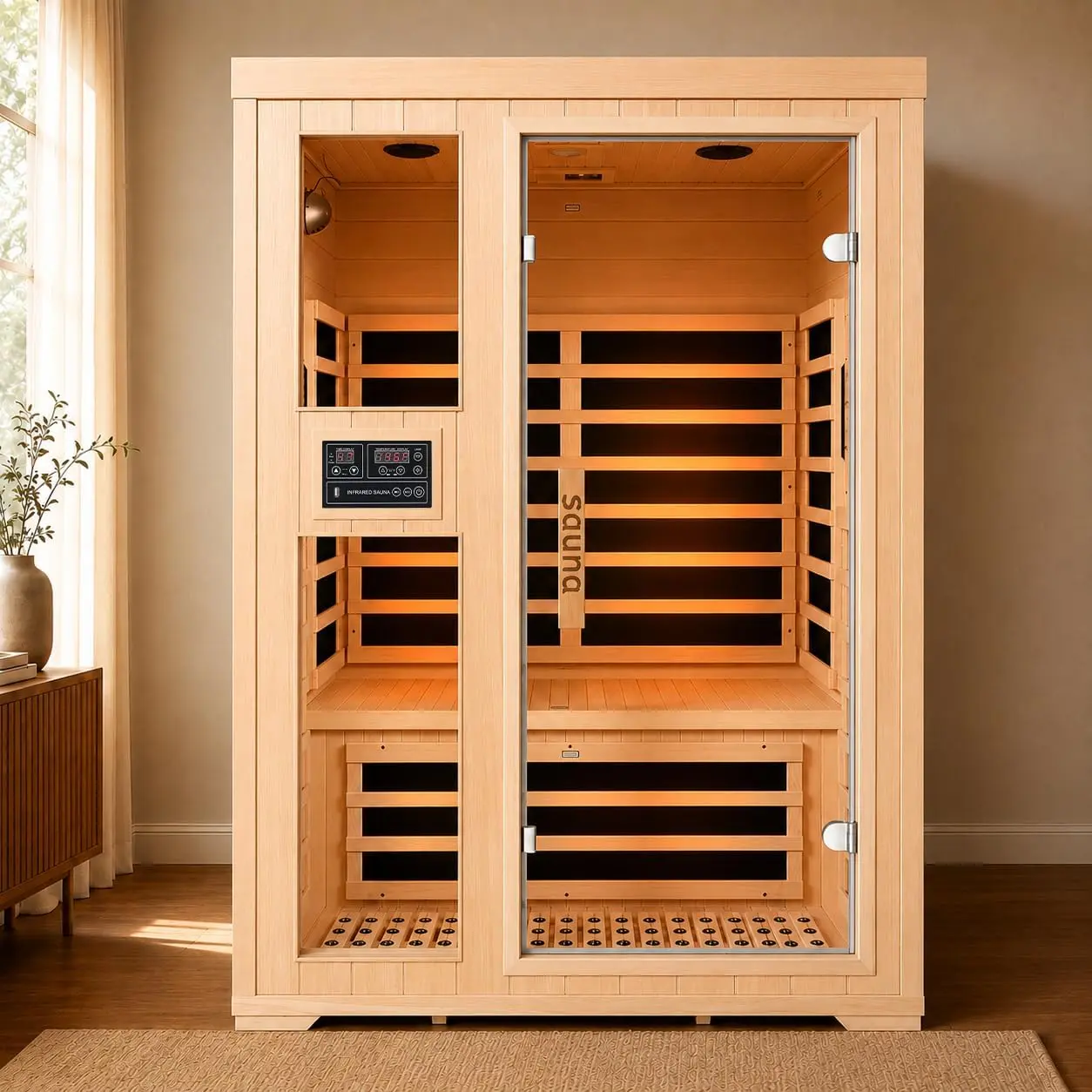 2-Person Infrared Sauna, Indoor Home Sauna Room Hemlock Wood Sauna Low EMF Far Infrared Heating with Tempered Glass Door Bluetooth Speakers, Chromotherapy Lights for Family（110V, 1850W）Truck delivery