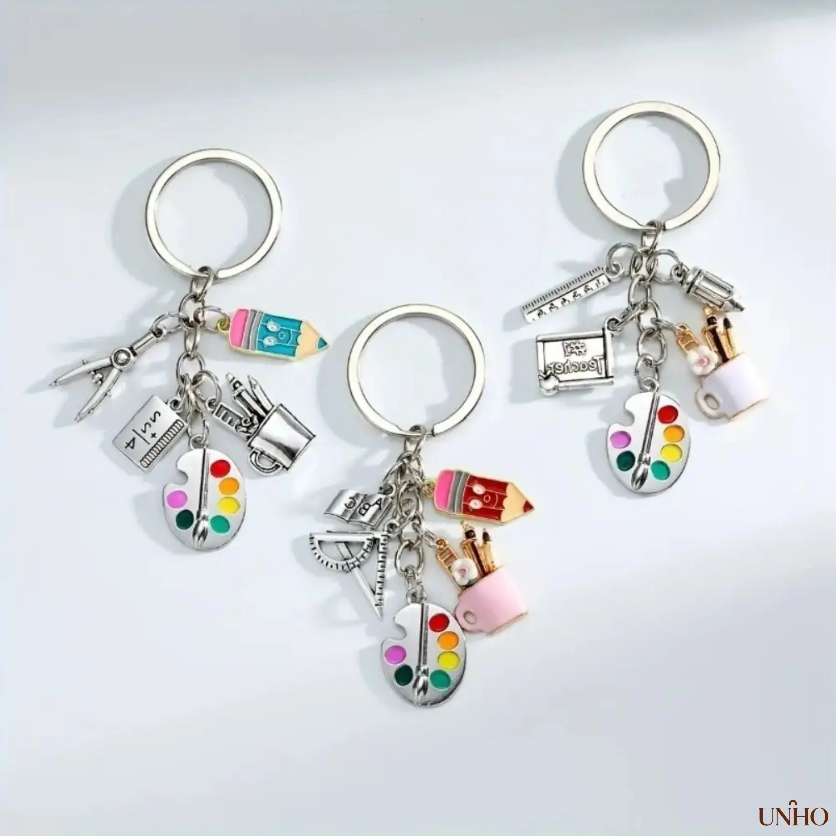 Teacher Art Themed Key Ring Bag Charm, Multi Charms With Paint Palette Pencil Ruler Mug, Meaningful Decor Accessory For Educators Handbags Daily Car Keys & Teacher Appreciation Gift
