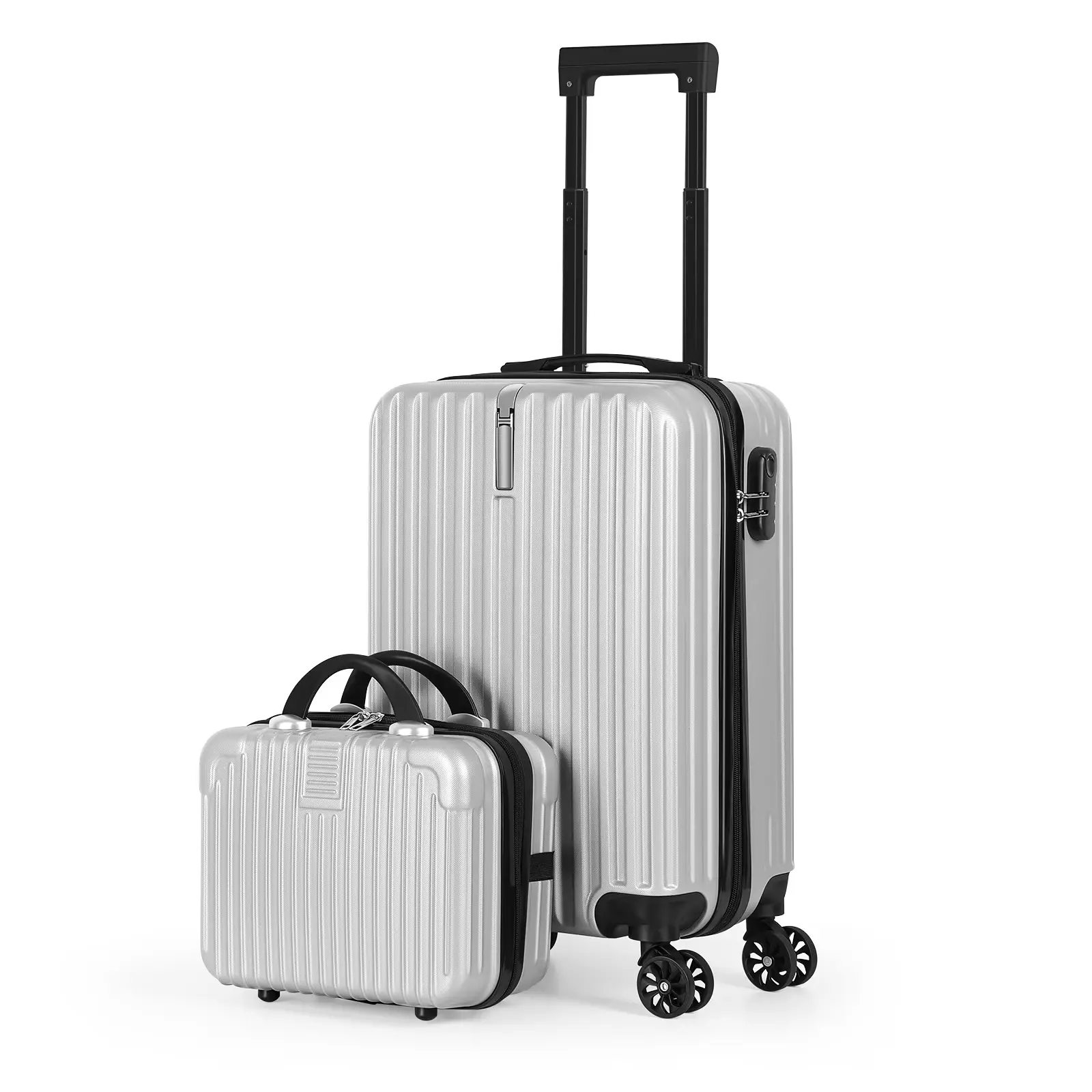 2PCS Luggage Two Piece Rolling Luggage Set Lightweight With Hook 20″ + 14″ Silver