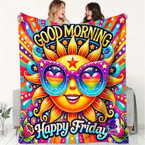 Psychedelic Happy Sun Blanket, Cheerful Flannel Throw Blanket with Colorful Design, Perfect for Home Decor, Camping Trips, Office Warmth, Vibrant Good Morning Friday Vibe Blanket