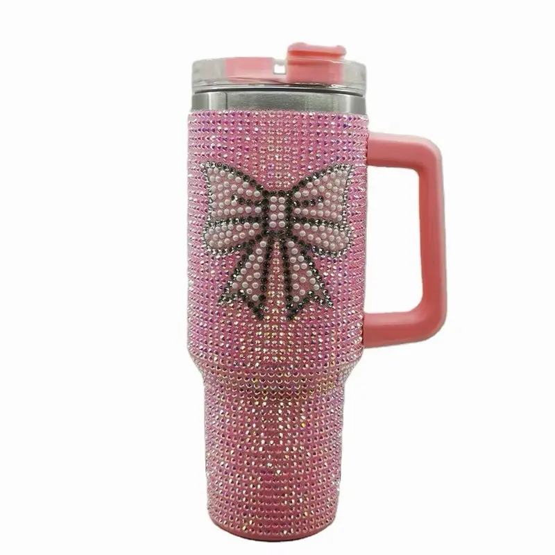 40oz Bow Bling Rhinestone Tumbler With Handle & Straw Double-Wall Stainless Steel Insulated  Travel Mug