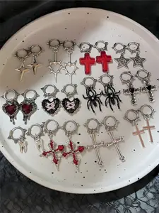 12 Pairs Cross Spider Star Drop Earrings, Dark Punk Style, Fashion Set, Elegant Alloy Material, Perfect for Daily Wear