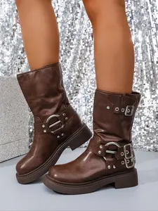 Women's Vintage British Boots, Mid-Calf Thick Sole Motorcycle Boots, PU Leather Knight Boots, Metal Buckle Decor, Comfortable Non-Slip Walking Shoes, Slip Resistant Boots