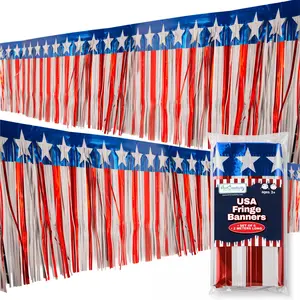 Patriotic USA Fringe Decoration - 40ft x 13.75" - Fourth of July Decoration, 6 Red White and Blue Banners