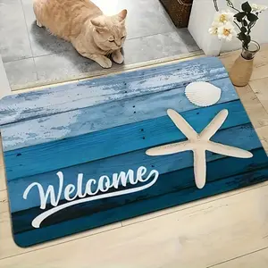 Realistic Starfish Wood Board Print Ocean Blue Sky Welcome Pattern Non Slip Door Mat Machine Washable for Kitchen Bathroom Bedroom Corridor Outdoor All Season Home Decor Floor Mat