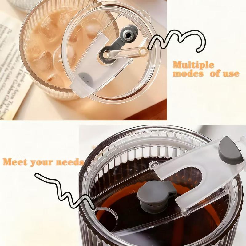 2Sets Glass Tumblers with Lids & Straws, Portable Glass Coffee Cups, Ribbed Glass Cup for Iced Coffee, Cocktail, Juice Classic Drinkware
