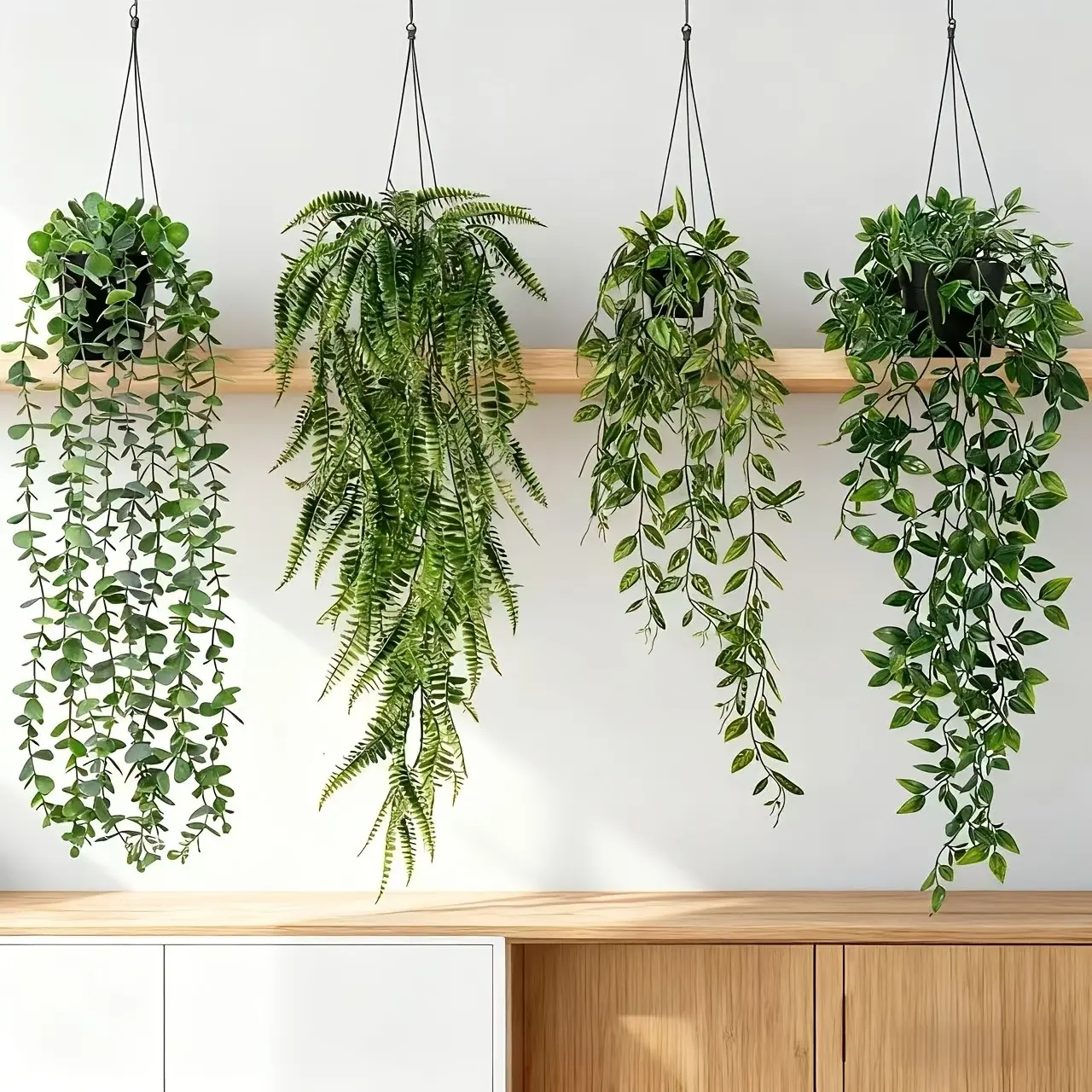 4 Piece Artificial Hanging Plant Set, Realistic Bamboo Leaves, Fern, Pea Pods, Eucalyptus, Home Office Decor, House Plants Decor, No Maintenance Required, Fake Hanging Plants, Faux Hanging Plant, Faux Indoor Plant, Fake Plant Decoration