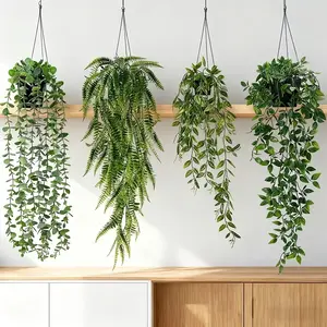 4 Piece Artificial Hanging Plant Set, Realistic Bamboo Leaves, Fern, Pea Pods, Eucalyptus, Home Office Decor, No Maintenance Required, Fake Hanging Plants
