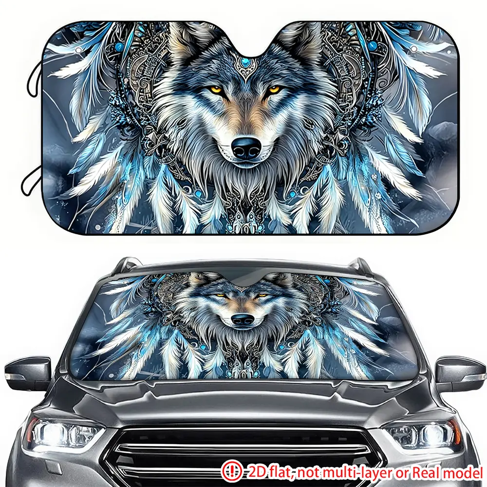 1pc feather decoration mysterious grey wolf car sun visor 2D high-definition printing, car sun visor effectively blocks sunlight, suitable for SUV, RV, General Motors front windshield decoration
